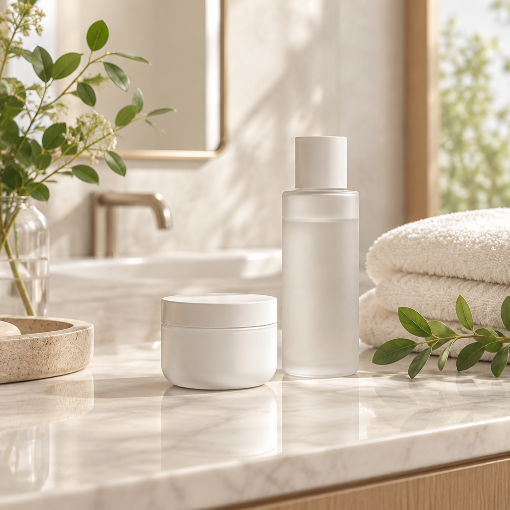 Unbranded face cream jar and toner bottle on a neutral vanity with towels and greenery